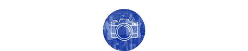 A blue circle with screened back photo of team inside, a white photo icon on the top